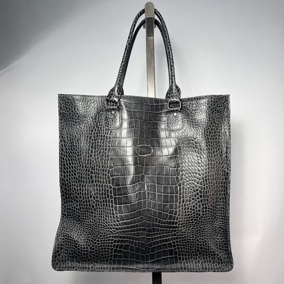 NWT LONGCHAMP Calfskin Leather Croc Style Tote Steel Gray Purse/ Dust bag incl. - Picture 1 of 7